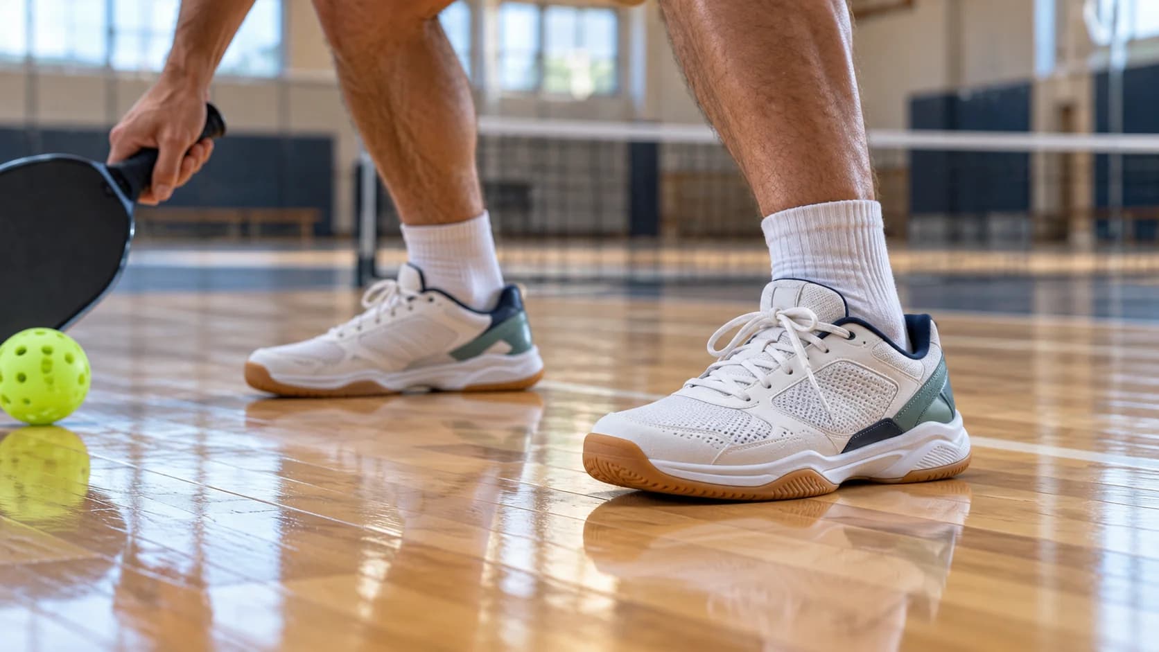 Indoor court shoes on a wooden gym floor beside a pickleball and paddle