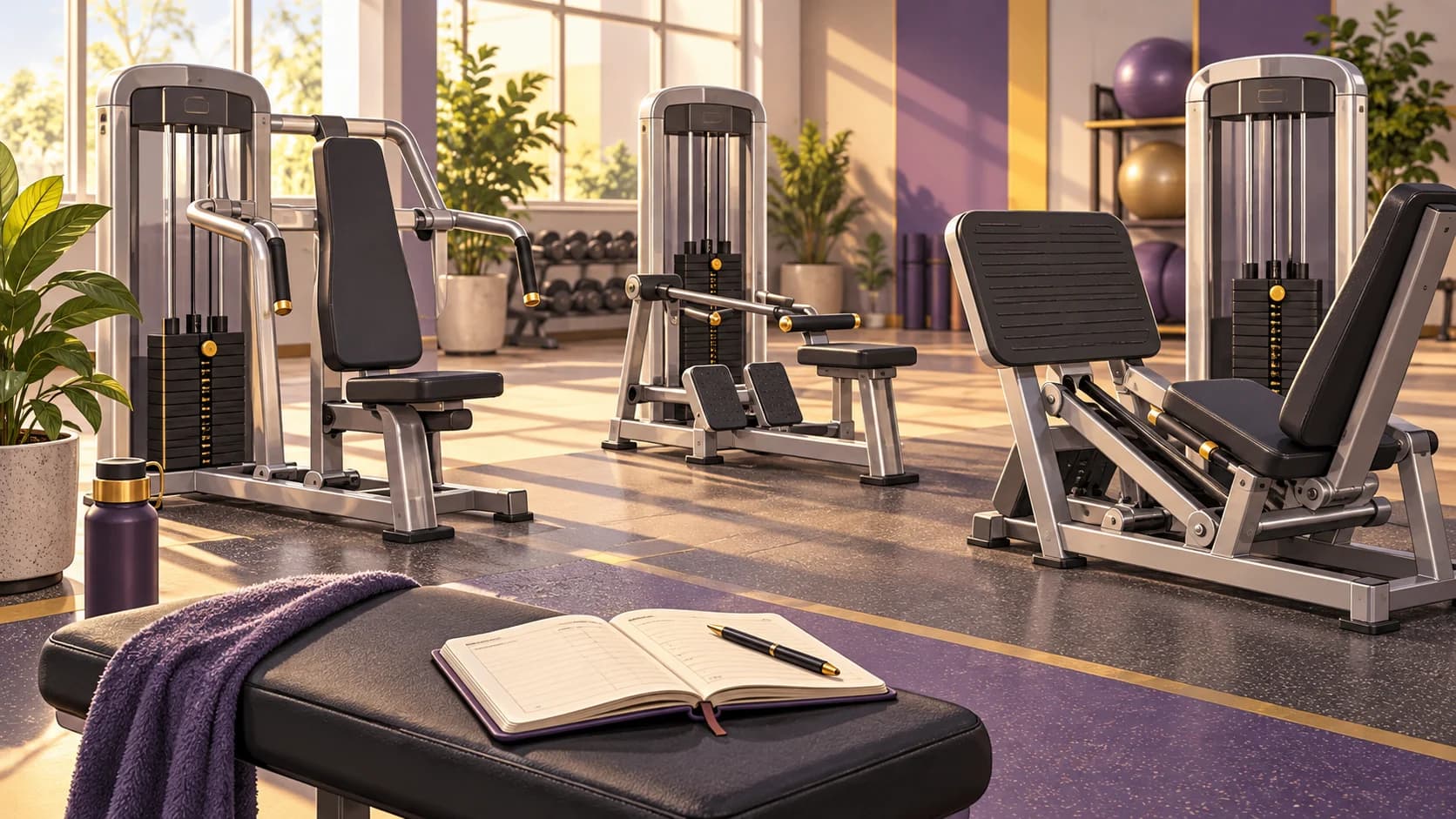 Editorial illustration of gym weight machines beside an open workout log